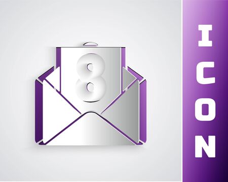 Paper cut Envelope with 8 March icon isolated on grey background. Message love. Letter love and romance. International Happy Women Day. Paper art style. Vector Illustrationのイラスト素材