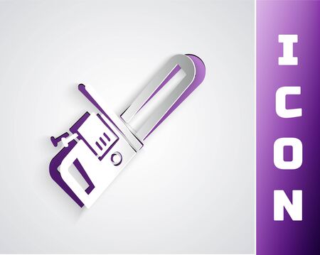 Paper cut Chainsaw icon isolated on grey background. Paper art style. Vector Illustrationのイラスト素材