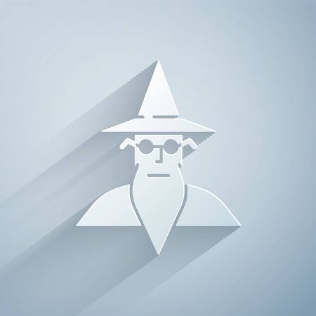 Paper cut Wizard warlock icon isolated on grey background. Paper art style. Vector Illustrationのイラスト素材