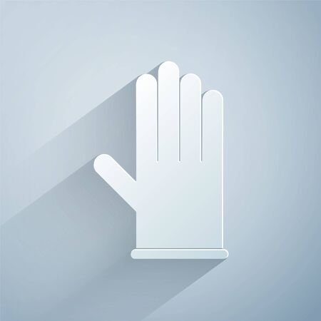 Paper cut Medical rubber gloves icon isolated on grey background. Protective rubber gloves. Paper art style. Illustrationのイラスト素材