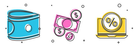Set Stacks paper money cash, Money cash and coin and Percent discount and laptop icon. Vector
