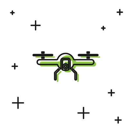 Black Drone flying icon isolated on white background. Quadrocopter with video and photo camera symbol.  Vector Illustrationのイラスト素材