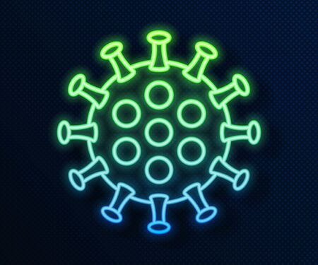 Glowing neon line Virus icon isolated on blue background. Corona virus 2019-nCoV. Bacteria and germs, cell cancer, microbe, fungi. Vector Illustrationのイラスト素材