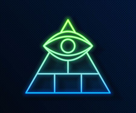 Glowing neon line Masons symbol All-seeing eye of God icon isolated on blue background. The eye of Providence in the triangle. Vector Illustrationのイラスト素材
