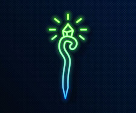 Glowing neon line Magic staff icon isolated on blue background. Magic wand, scepter, stick, rod. Vector Illustrationのイラスト素材
