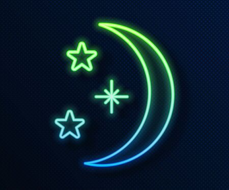 Glowing neon line Moon and stars icon isolated on blue background. Vector Illustrationのイラスト素材