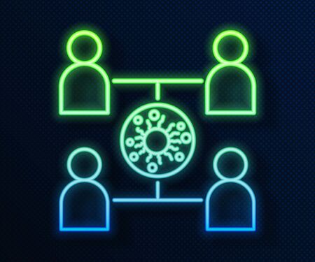 Glowing neon line Virus spread icon isolated on blue background. Coronavirus infection infographics. Vector Illustrationのイラスト素材