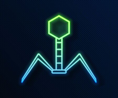 Glowing neon line Bacteria bacteriophage icon isolated on blue background. Bacterial infection sign. Microscopic germ cause diseases concept. Vector Illustrationのイラスト素材