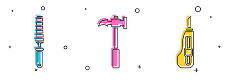 Set Chisel tool for wood, Claw hammer and Stationery knife icon. Vector