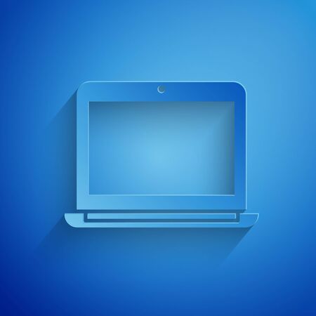 Paper cut Laptop icon isolated on blue background. Computer notebook with empty screen sign. Paper art style. Vector Illustrationのイラスト素材