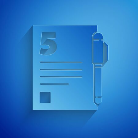 Paper cut Test or exam sheet and pen icon isolated on blue background. Test paper, exam or survey concept. Paper art style. Vector Illustrationのイラスト素材