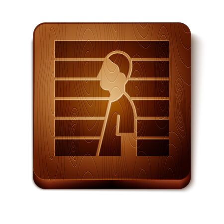 Brown Suspect criminal icon isolated on white background. The criminal in prison, suspected near the board. Wooden square button. Vector Illustrationのイラスト素材