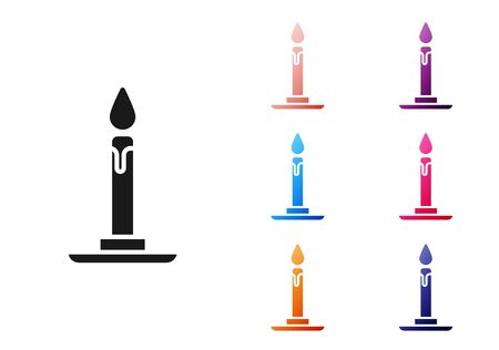 Black Burning candle in candlestick icon isolated on white background. Cylindrical candle stick with burning flame. Set icons colorful. Vector Illustrationのイラスト素材