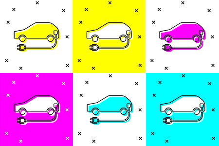 Set Electric car and electrical cable plug charging icon isolated on color background. Renewable eco technologies.  Vector Illustrationのイラスト素材
