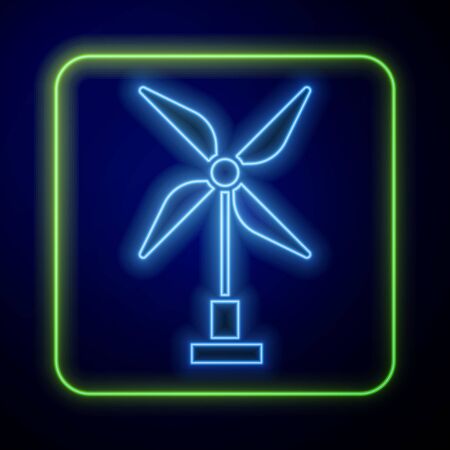 Glowing neon Wind turbine icon isolated on blue background. Wind generator sign. Windmill for electric power production.  Vector Illustrationのイラスト素材