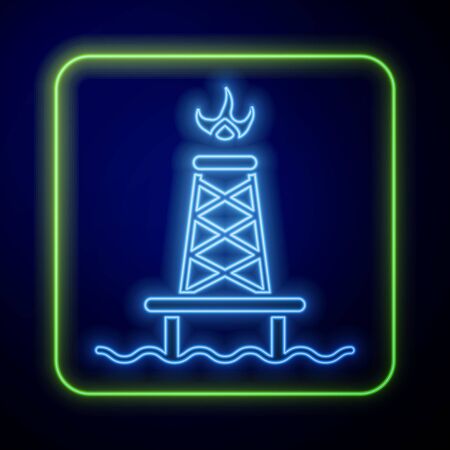 Glowing neon Oil rig with fire icon isolated on blue background. Gas tower. Industrial object.  Vector Illustrationのイラスト素材