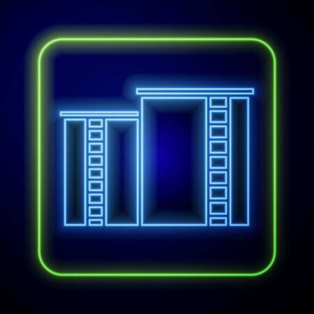 Glowing neon Oil and gas industrial factory building icon isolated on blue background.  Vector Illustrationのイラスト素材