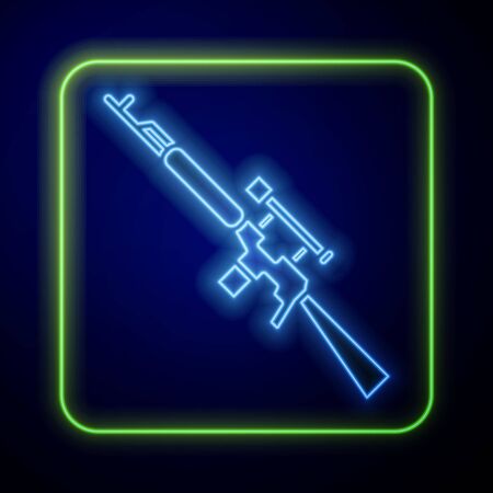 Glowing neon Sniper rifle with scope icon isolated on blue background. Vector Illustrationのイラスト素材