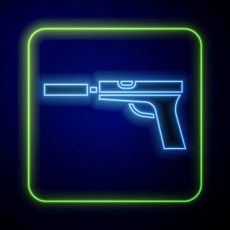 Glowing neon Pistol or gun with silencer icon isolated on blue background. Vector Illustrationのイラスト素材