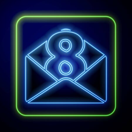 Glowing neon Envelope with 8 March icon isolated on blue background. Message love. Letter love and romance. International Happy Women Day. Vector Illustrationのイラスト素材