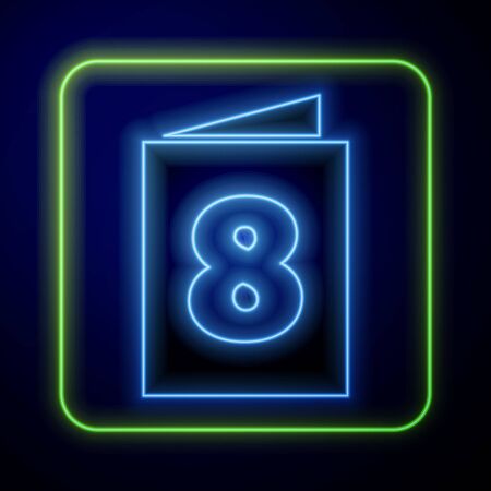 Glowing neon Greeting card with 8 March icon isolated on blue background. International Happy Women Day. Vector Illustrationのイラスト素材