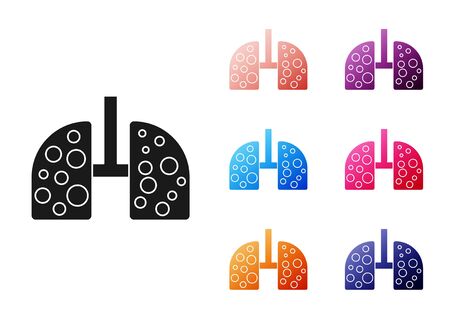 Black Virus cells in lung icon isolated on white background. Infected lungs. Coronavirus, COVID-19. 2019-nCoV. Set icons colorful. Vector Illustrationのイラスト素材