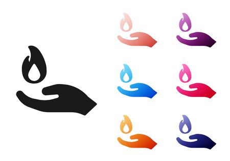 Black Hand holding a fire icon isolated on white background. Set icons colorful. Vector Illustrationのイラスト素材