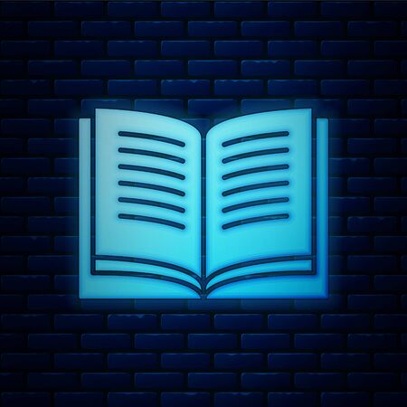 Glowing neon Open book icon isolated on brick wall background.  Vector Illustrationのイラスト素材