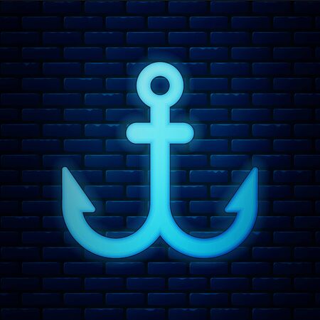 Glowing neon Anchor icon isolated on brick wall background. Vector Illustrationのイラスト素材