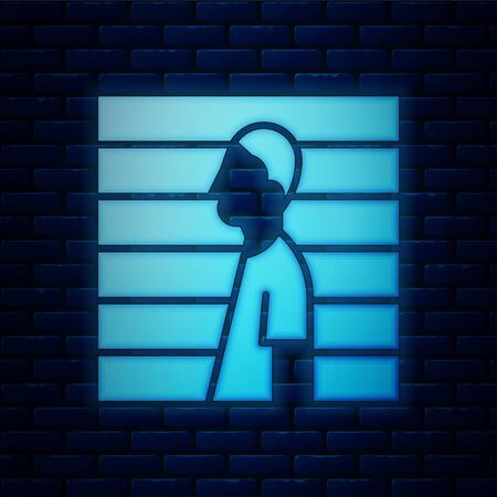 Glowing neon Suspect criminal icon isolated on brick wall background. The criminal in prison, suspected near the board. Vector Illustrationのイラスト素材