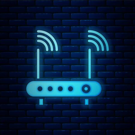 Glowing neon Router and wifi signal symbol icon isolated on brick wall background. Wireless modem router. Computer technology internet. Vector Illustrationのイラスト素材