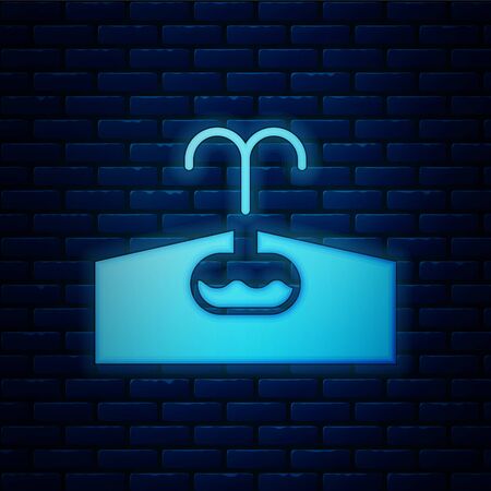 Glowing neon Oilfield icon isolated on brick wall background. Natural resources, oil and gas production. Vector Illustrationのイラスト素材