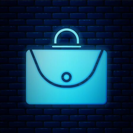 Glowing neon Briefcase icon isolated on brick wall background. Business case sign. Business portfolio. Vector Illustrationのイラスト素材