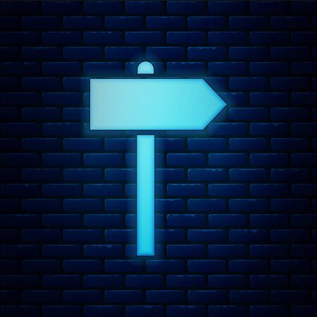 Glowing neon Road traffic sign. Signpost icon isolated on brick wall background. Pointer symbol. Street information sign. Direction sign. Vector Illustrationのイラスト素材