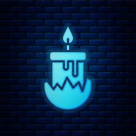 Glowing neon Burning candle in candlestick icon isolated on brick wall background. Cylindrical candle stick with burning flame. Vector Illustrationのイラスト素材