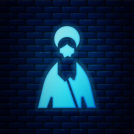 Glowing neon Jesus Christ icon isolated on brick wall background. Vector Illustrationのイラスト素材