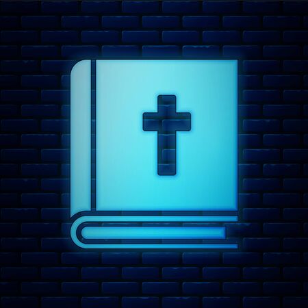 Glowing neon Holy bible book icon isolated on brick wall background. Vector Illustrationのイラスト素材