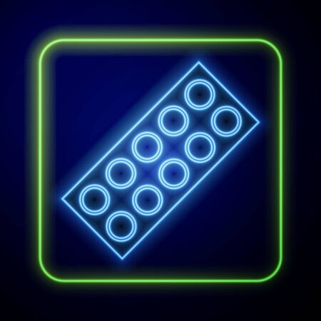 Glowing neon Pills in blister pack icon isolated on blue background. Medical drug package for tablet, vitamin, antibiotic, aspirinのイラスト素材