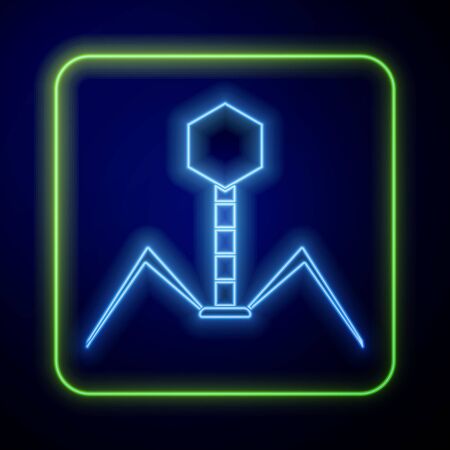 Glowing neon Bacteria bacteriophage icon isolated on blue background. Bacterial infection sign. Microscopic germ cause diseases conceptのイラスト素材