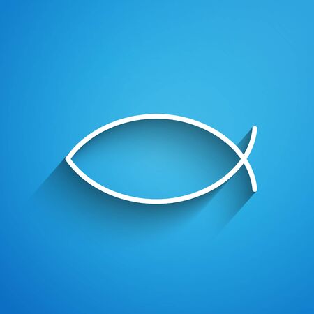 White line Christian fish symbol icon isolated on blue background. Jesus fish symbol. Long shadowのイラスト素材