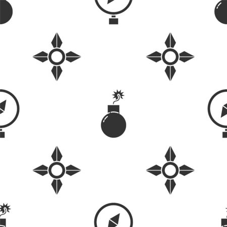 Set Compass, Bomb ready to explode and Japanese ninja shuriken on seamless patternのイラスト素材