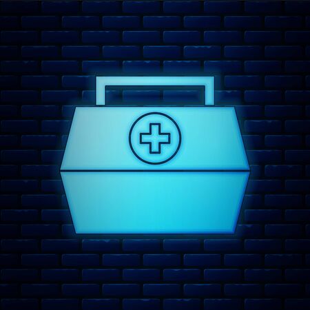 Glowing neon First aid kit icon isolated on brick wall background. Medical box with cross. Medical equipment for emergency. Healthcare conceptのイラスト素材