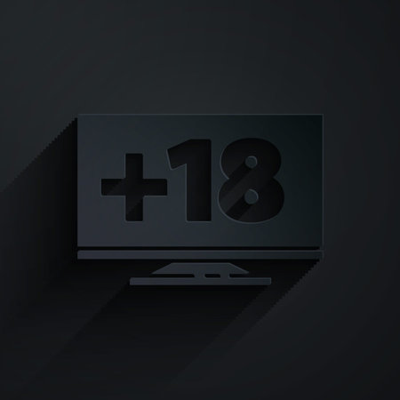Paper cut Computer monitor with 18 plus content icon isolated on black background. Age restriction symbol. Sex content sign. Adult channel. Paper art style. Vector Illustrationのイラスト素材