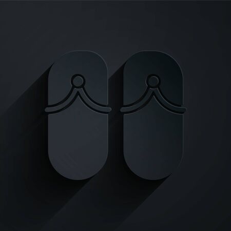 Paper cut Flip flops icon isolated on black background. Beach slippers sign. Paper art style. Vector Illustrationのイラスト素材