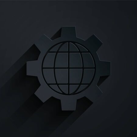 Paper cut Globe of the Earth and gear or cog icon isolated on black background. Setting parameters. Global Options. Paper art style. Vector Illustrationのイラスト素材
