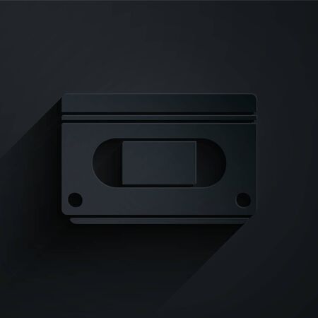 Paper cut VHS video cassette tape icon isolated on black background. Paper art style. Vector Illustrationのイラスト素材