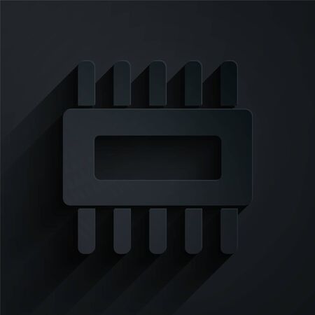 Paper cut Computer processor with microcircuits CPU icon isolated on black background. Chip or cpu with circuit board. Micro processor. Paper art style. Vector Illustrationのイラスト素材