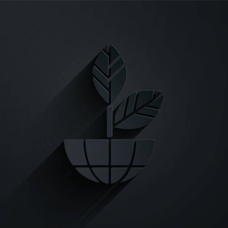 Paper cut Earth globe and plant icon isolated on black background. World or Earth sign. Geometric shapes. Environmental concept. Paper art style. Vector Illustrationのイラスト素材