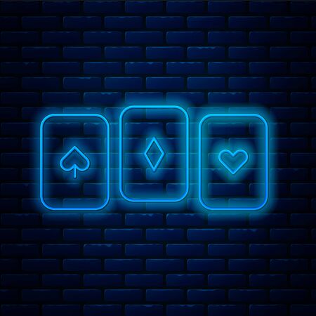 Glowing neon line Playing cards icon isolated on brick wall background. Casino gambling. Vectorのイラスト素材