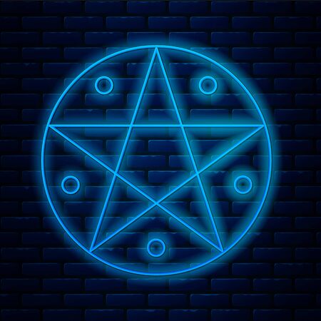Glowing neon line Pentagram in a circle icon isolated on brick wall background. Magic occult star symbol. Vector Illustrationのイラスト素材